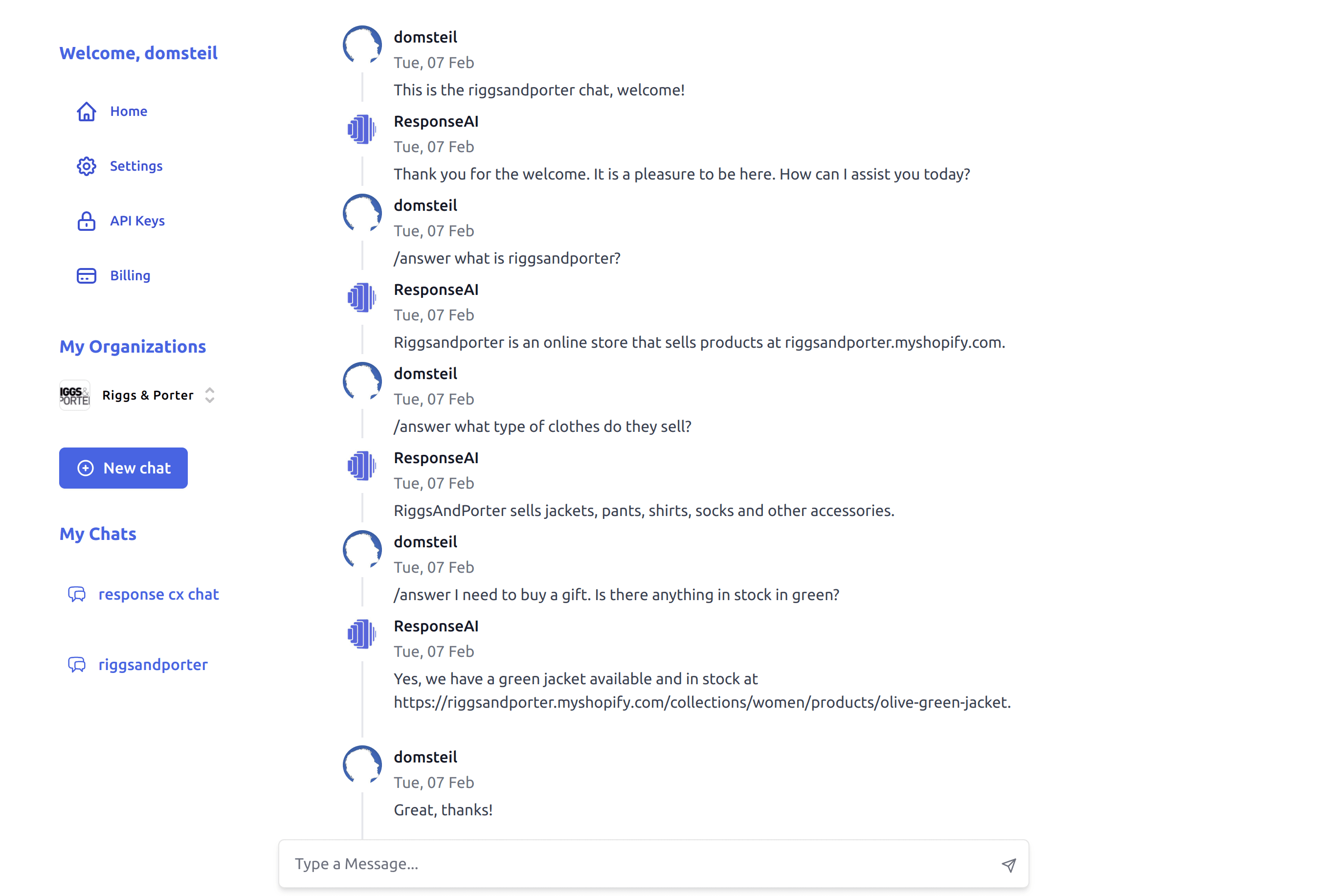 Response AI Dashboard showing automated customer service responses